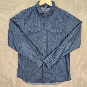 Diesel Denim Shirt Pearl Snap Jean 100% Cotton Blue Western Long Sleeve Men's M